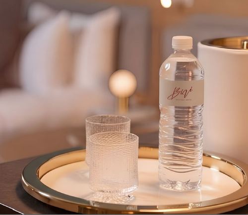 Welcome tray with water and glasses